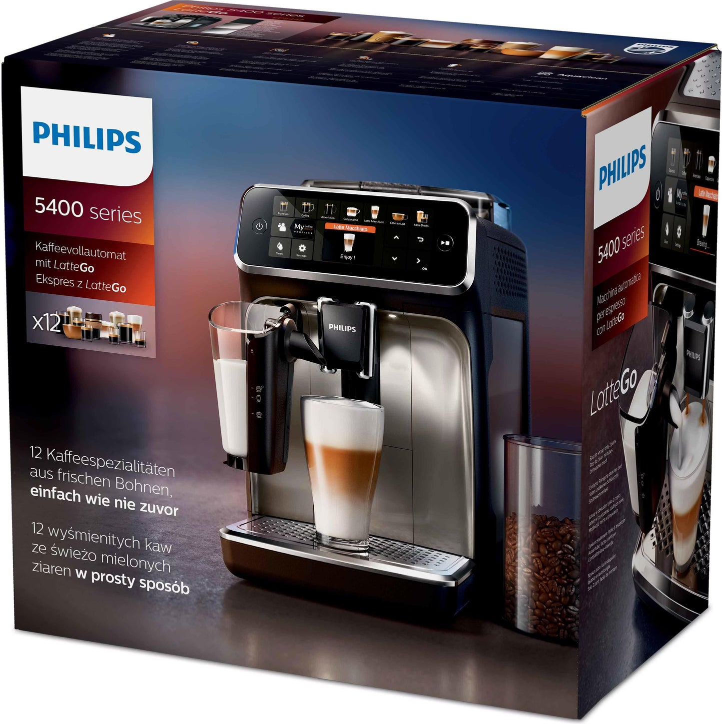 Series 5400 Kaffeevollautomat EP5447/90 – LatteGo Milchsystem, 12 Kaffeespezialitäten, Intuitives Display, 4 Benutzerprofile, Keramikmahlwerk, 15 bar, 1,8L - Schwarz/Chrom