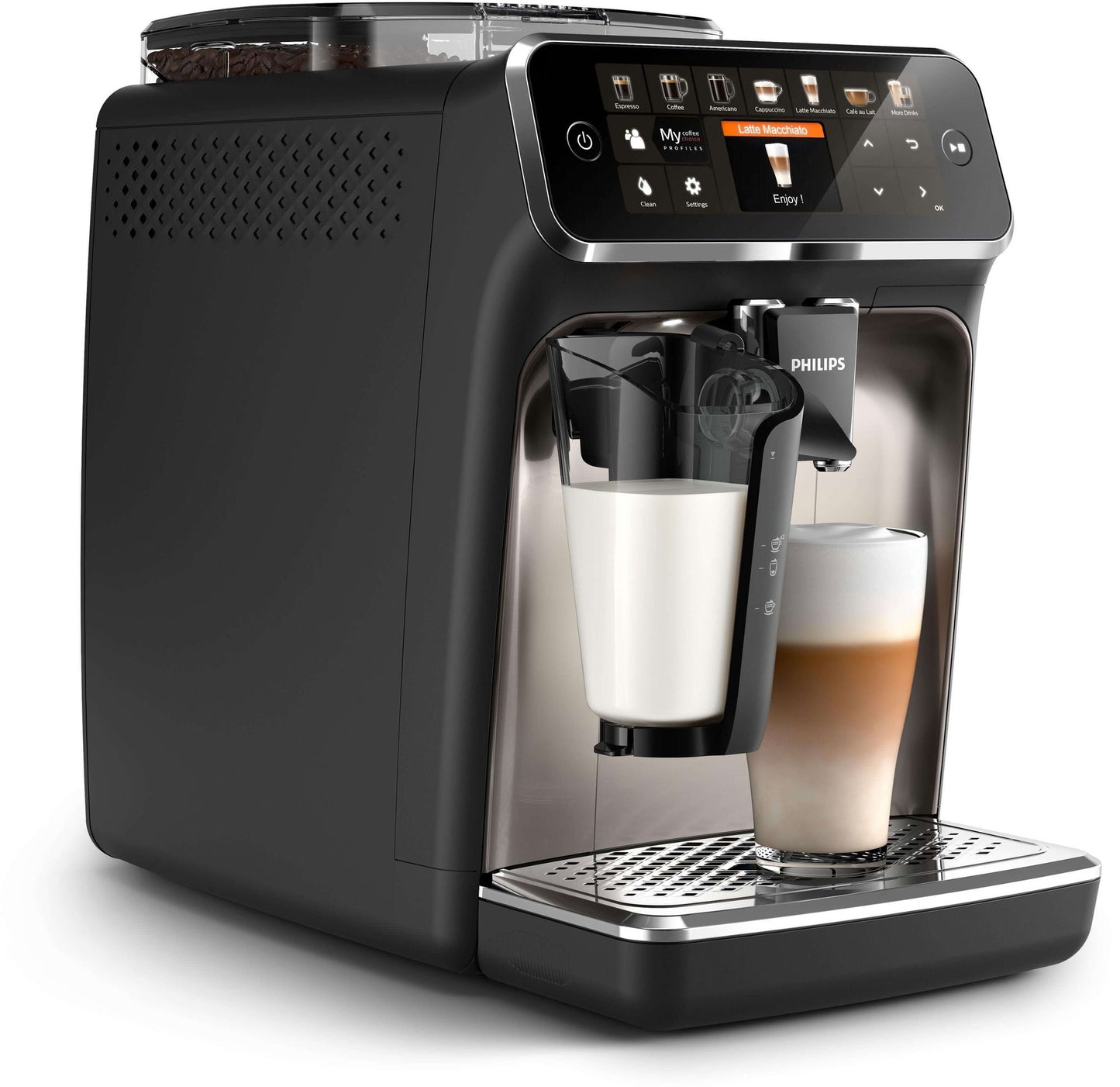 Series 5400 Kaffeevollautomat EP5447/90 – LatteGo Milchsystem, 12 Kaffeespezialitäten, Intuitives Display, 4 Benutzerprofile, Keramikmahlwerk, 15 bar, 1,8L - Schwarz/Chrom
