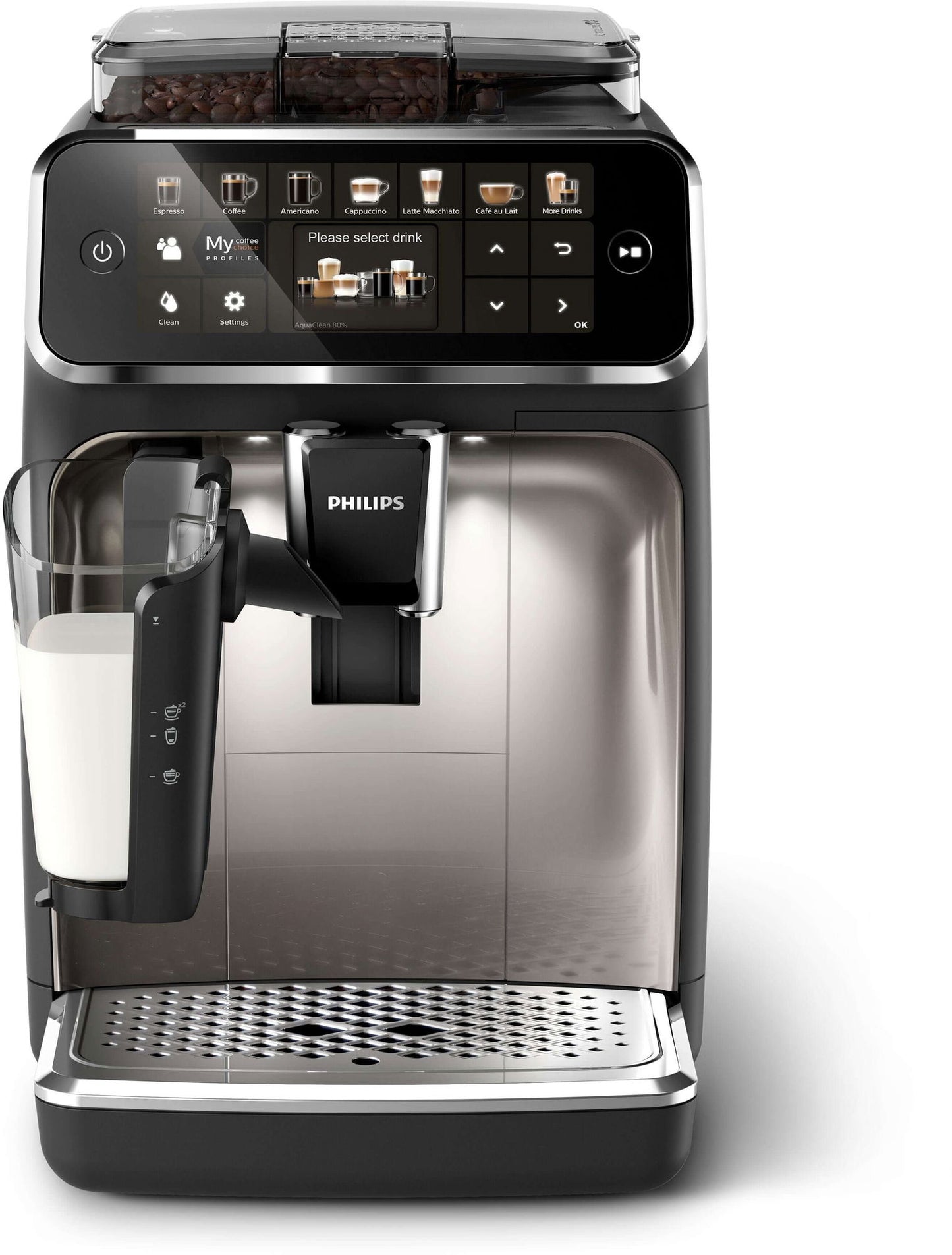 Series 5400 Kaffeevollautomat EP5447/90 – LatteGo Milchsystem, 12 Kaffeespezialitäten, Intuitives Display, 4 Benutzerprofile, Keramikmahlwerk, 15 bar, 1,8L - Schwarz/Chrom